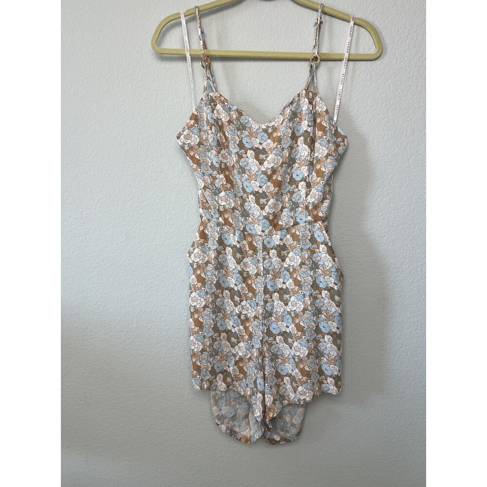 Guess Womens Floral Romper Blue Brown Large Spaghetti Strap V-Neck Cute Boho